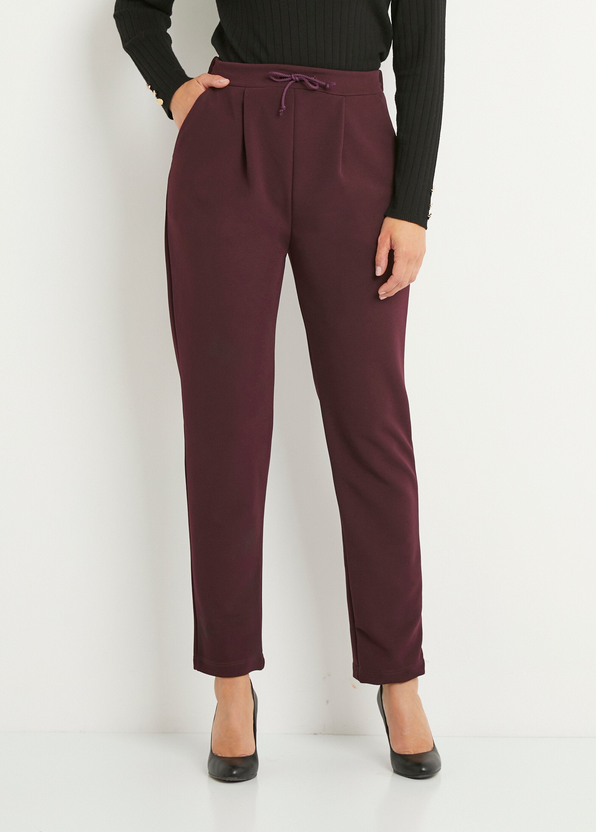 Pantalón_recto_de_punto_elástico_con_cintura_elástica_Bordeaux_FA1_slim