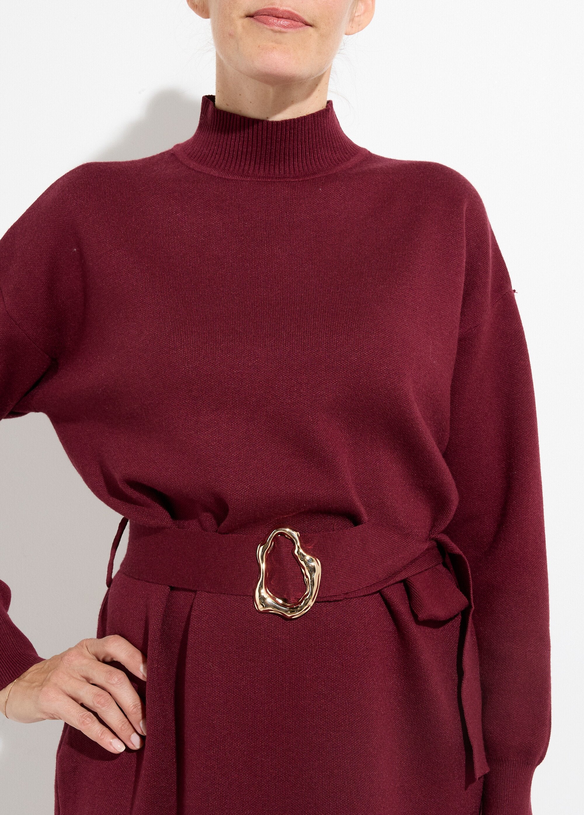 Robe_pull_col_montant_ceinture_métal_Bordeaux_DE1_slim