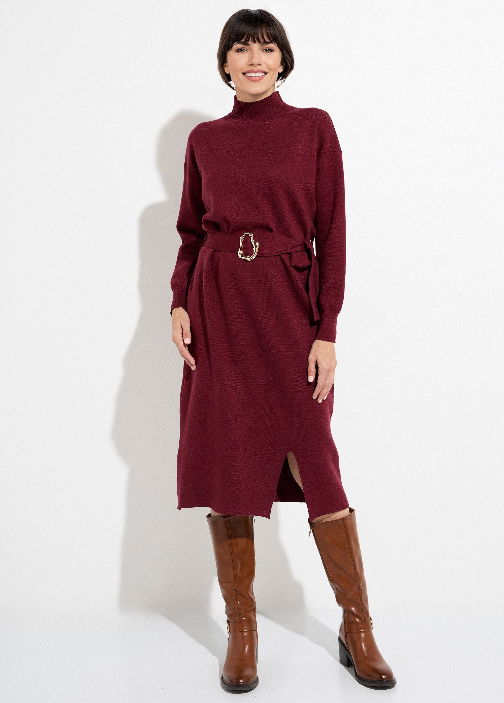 Robe_pull_col_montant_ceinture_métal_Bordeaux_FA1_slim