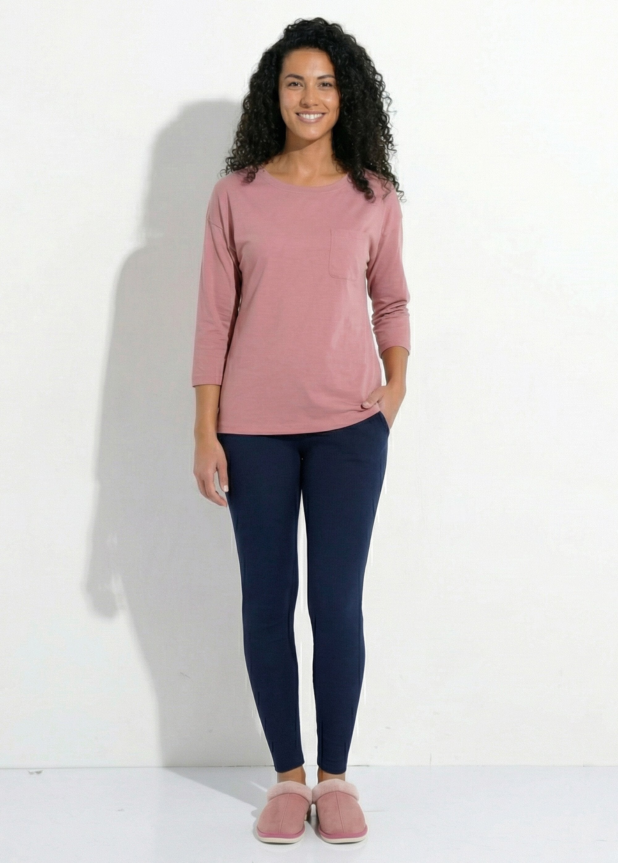 T-shirt_coton_uni_col_rond_manches_3/4_Rose_SF1_slim